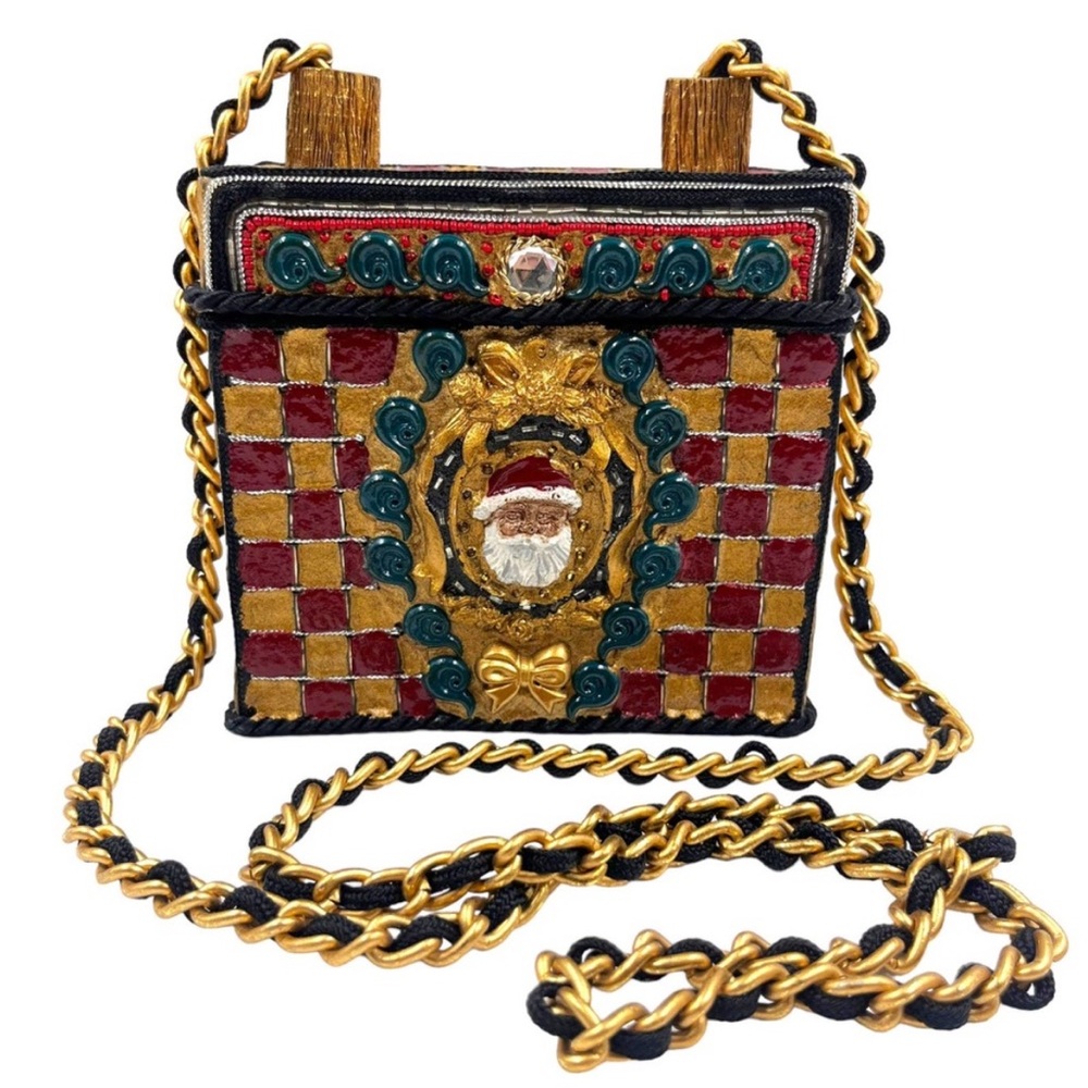 Vintage Mary Frances Christmas Purse 1990s Embellished Paper Mache Box Handbag